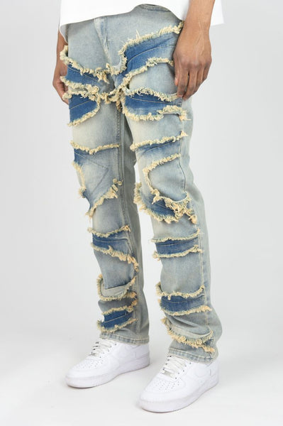 MEN MEDIUM INDIGO FRAYED JEANS [SLIM STRAIGHT FIT]