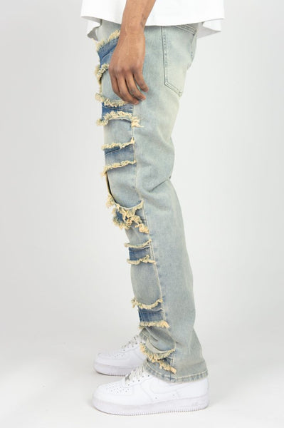 MEN MEDIUM INDIGO FRAYED JEANS [SLIM STRAIGHT FIT]