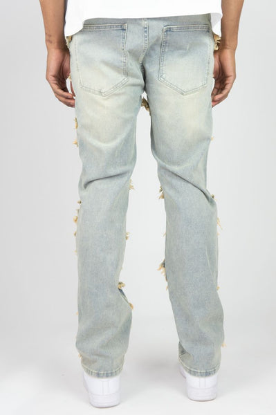 MEN MEDIUM INDIGO FRAYED JEANS [SLIM STRAIGHT FIT]