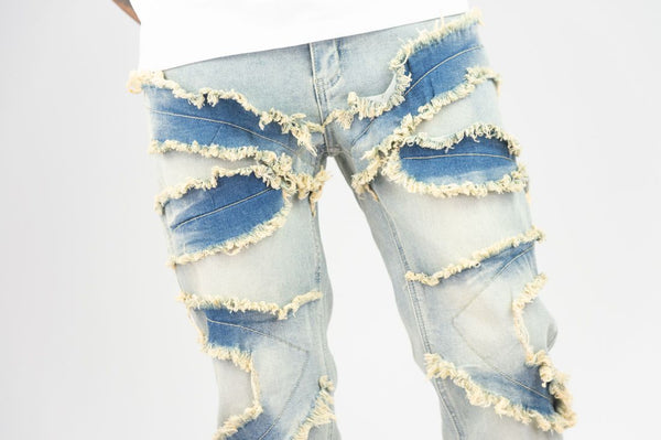 MEN MEDIUM INDIGO FRAYED JEANS [SLIM STRAIGHT FIT]