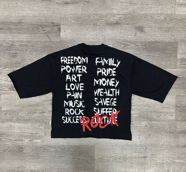 MEN BLACK/ RED "ROCK MY WORLD" F-TERRY CROPPED T-SHIRT