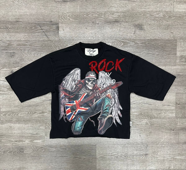 MEN BLACK/ RED "ROCK MY WORLD" F-TERRY CROPPED T-SHIRT