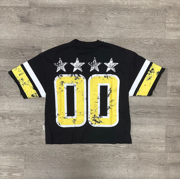 MEN BLACK/ YELLOW "YOUNG & RICH" 3/4 SLEEVE F-TERRY CROPPED TEE