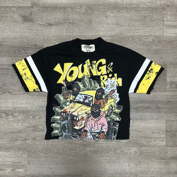 MEN BLACK/ YELLOW "YOUNG & RICH" 3/4 SLEEVE F-TERRY CROPPED TEE