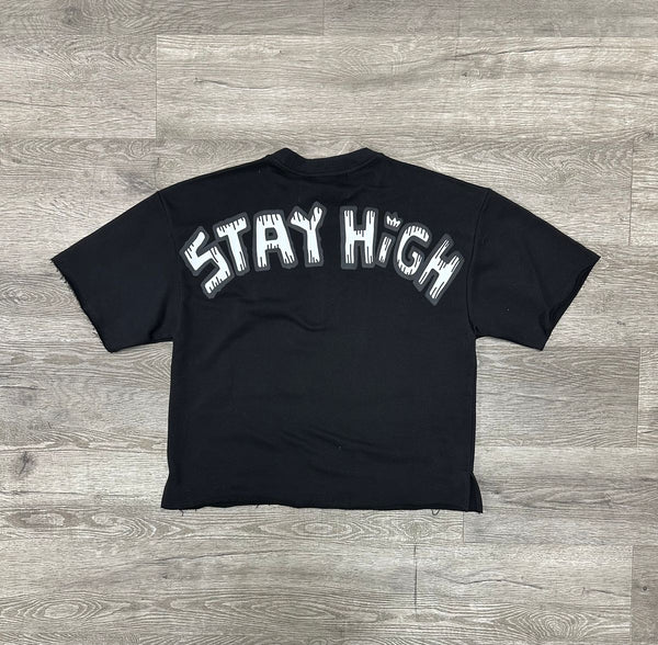 MEN BLACK "STAY HIGH" F-TERRY CROPPED T-SHIRT