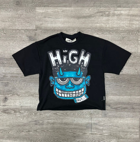 MEN BLACK "STAY HIGH" F-TERRY CROPPED T-SHIRT