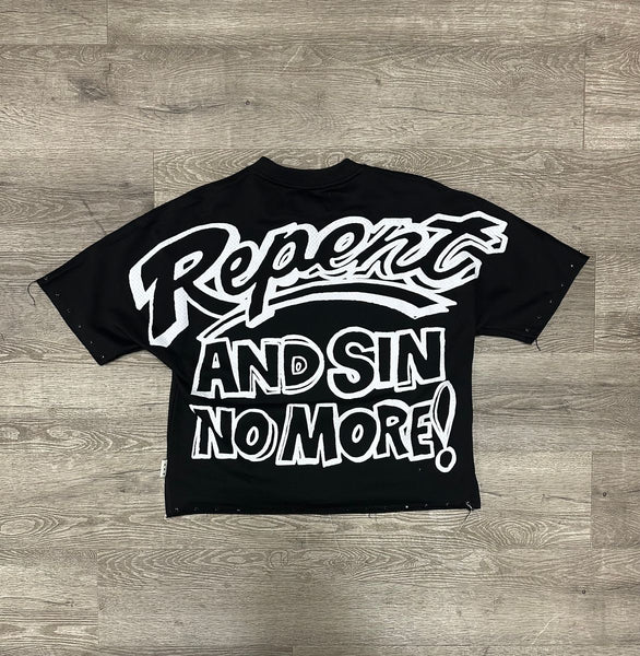 MEN BLACK/ BLUE "REPENT" F-TERRY CROPPED TEE