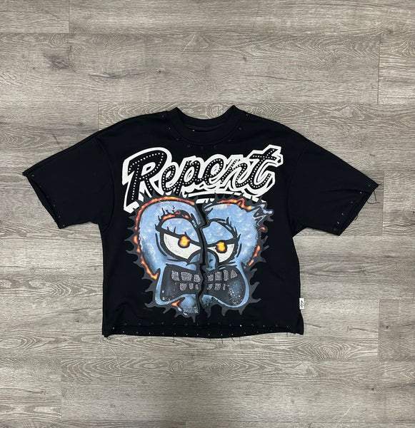 MEN BLACK/ BLUE "REPENT" F-TERRY CROPPED TEE