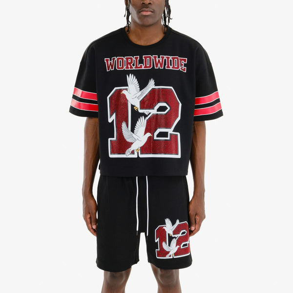 Men Black/ Red World Wide Rhinestone Jersey