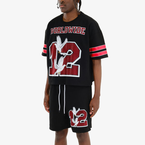 Men Black/ Red World Wide Rhinestone Jersey