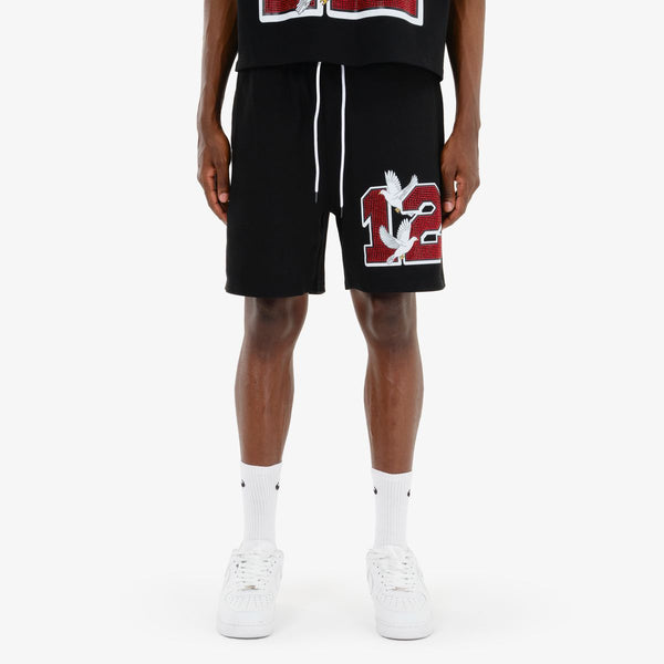 Men Black/ Red World Wide Rhinestone Shorts