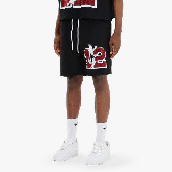 Men Black/ Red World Wide Rhinestone Shorts