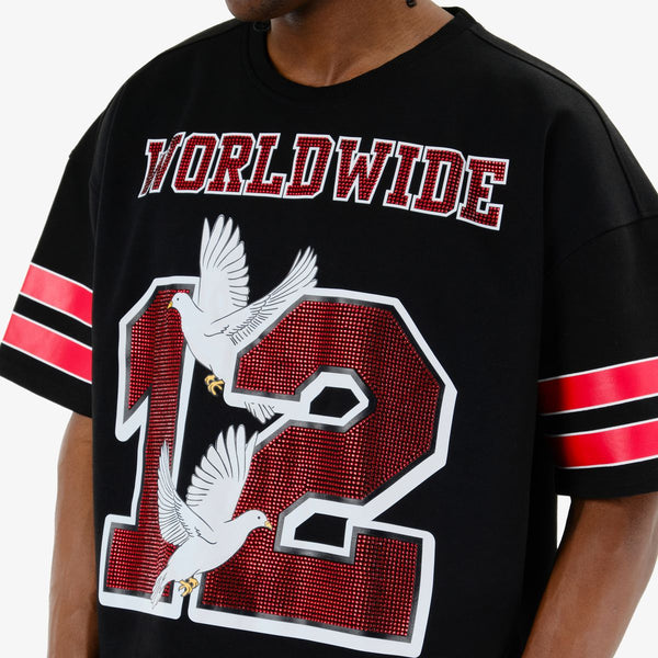 Men Black/ Red World Wide Rhinestone Jersey
