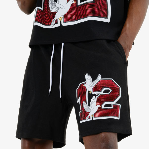Men Black/ Red World Wide Rhinestone Shorts
