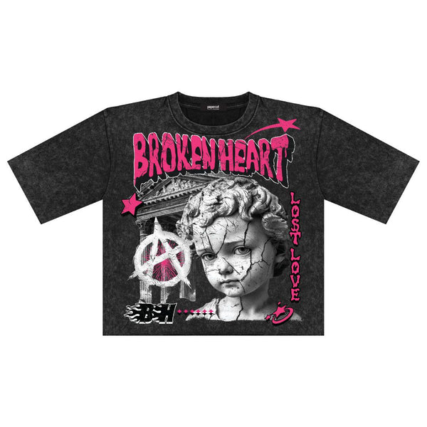 MEN BLACK ACID BLACK BROKEN HEART OVERSIZED CROP TEE
