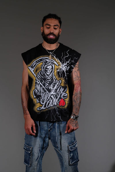 Men Black embroidered patchwork No love lost sleeveless shirt