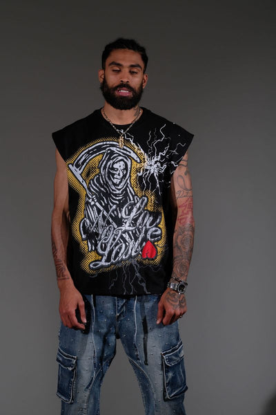 Men Black embroidered patchwork No love lost sleeveless shirt