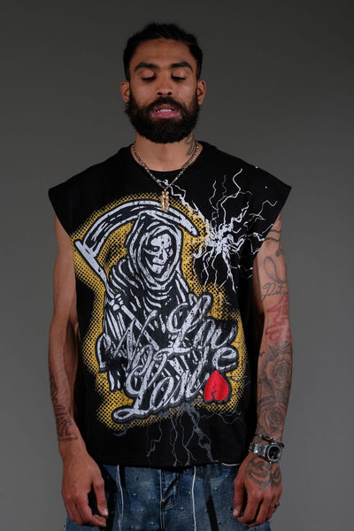 Men Black embroidered patchwork No love lost sleeveless shirt