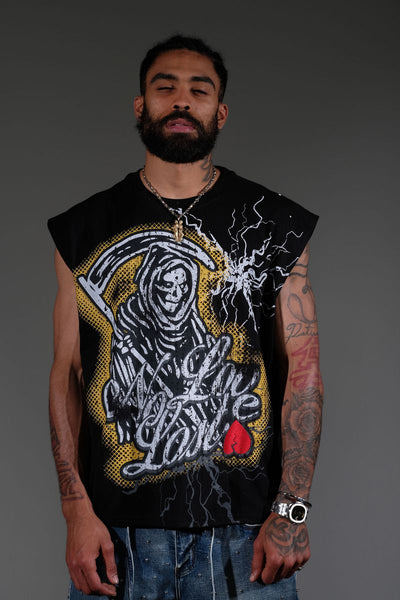 Men Black embroidered patchwork No love lost sleeveless shirt