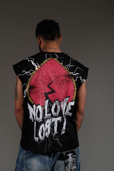 Men Black embroidered patchwork No love lost sleeveless shirt