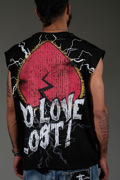Men Black embroidered patchwork No love lost sleeveless shirt