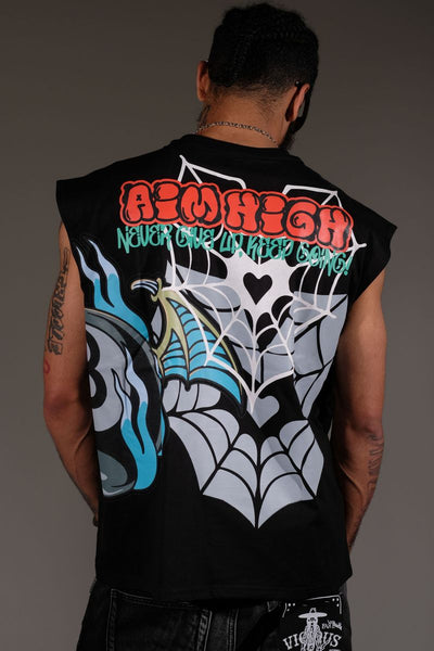 Men Black embroidered patchwork Aim high sleeveless shirt