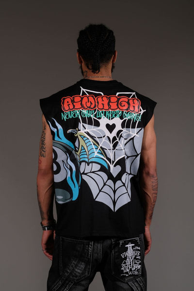 Men Black embroidered patchwork Aim high sleeveless shirt