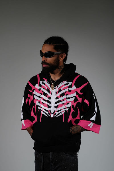 Men Black/ pink Xray short sleeve Crop hoodie