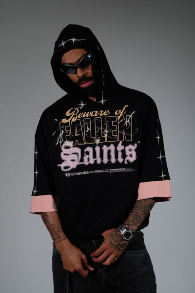 Men Black/ pink Beware short sleeve Crop hoodie