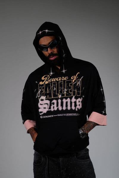 Men Black/ pink Beware short sleeve Crop hoodie