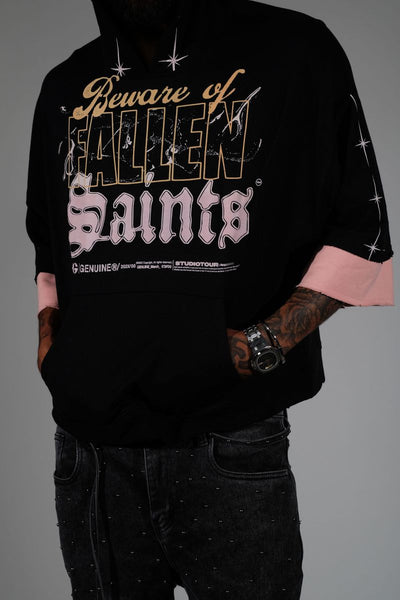 Men Black/ pink Beware short sleeve Crop hoodie