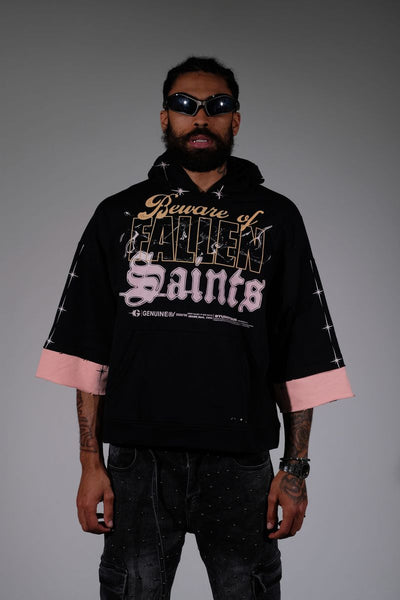 Men Black/ pink Beware short sleeve Crop hoodie