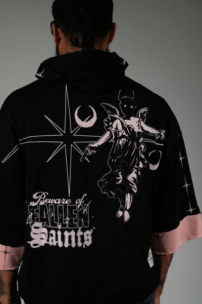 Men Black/ pink Beware short sleeve Crop hoodie