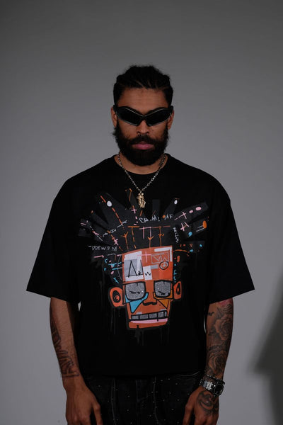 Men Black Basquiat short sleeve Rhinestone Crop Tee