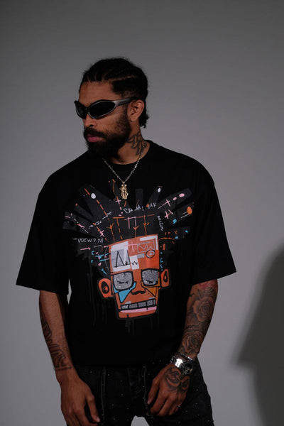 Men Black Basquiat short sleeve Rhinestone Crop Tee