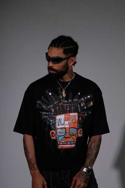 Men Black Basquiat short sleeve Rhinestone Crop Tee