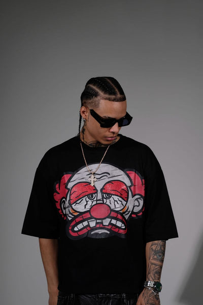 Men Black Sad clown short sleeve Rhinestone Crop Tee