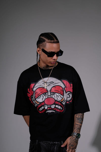 Men Black Sad clown short sleeve Rhinestone Crop Tee