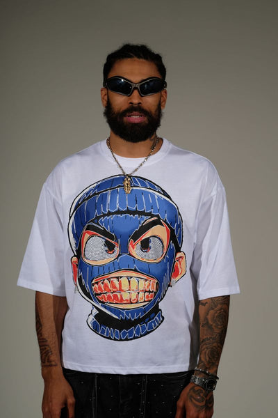 Men White Rear view short sleeve Rhinestone Crop Tee
