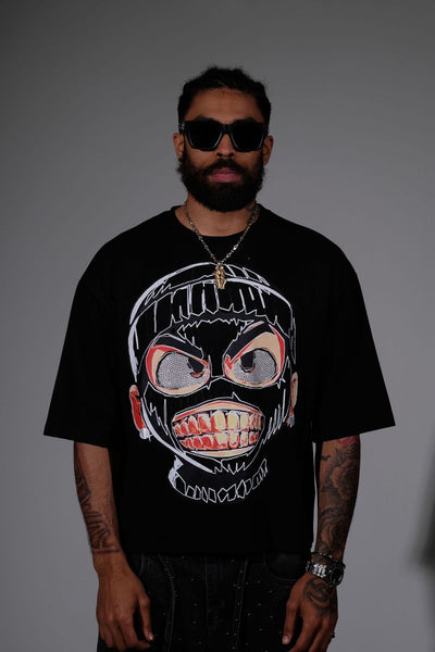 Men Black Rear view short sleeve Rhinestone Crop Tee