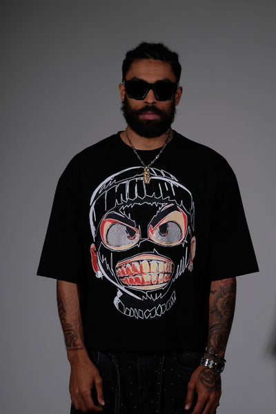 Men Black Rear view short sleeve Rhinestone Crop Tee