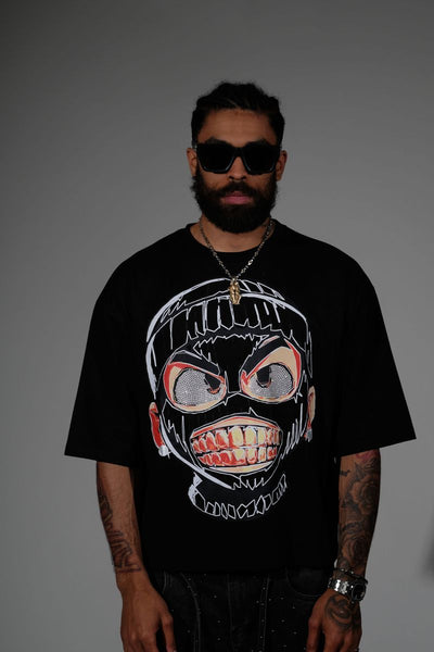 Men Black Rear view short sleeve Rhinestone Crop Tee