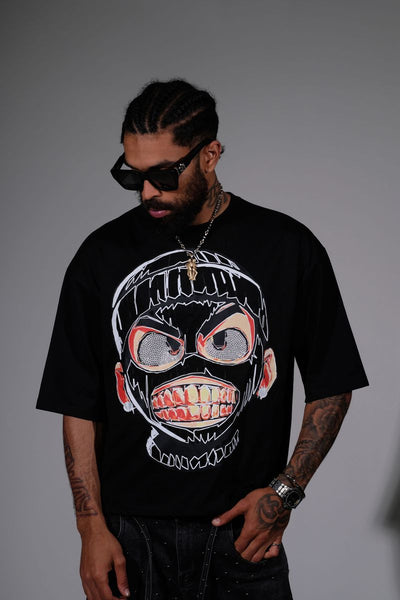 Men Black Rear view short sleeve Rhinestone Crop Tee
