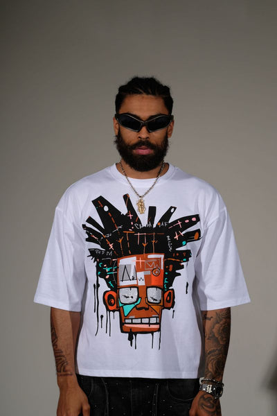Men White Basquiat short sleeve Rhinestone Crop Tee