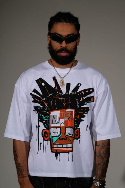 Men White Basquiat short sleeve Rhinestone Crop Tee