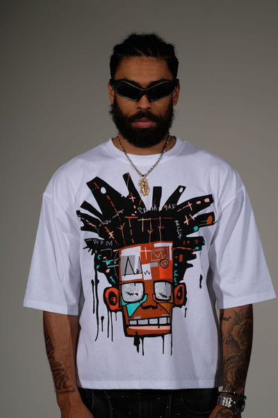 Men White Basquiat short sleeve Rhinestone Crop Tee