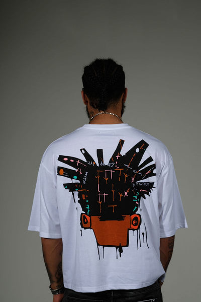 Men White Basquiat short sleeve Rhinestone Crop Tee