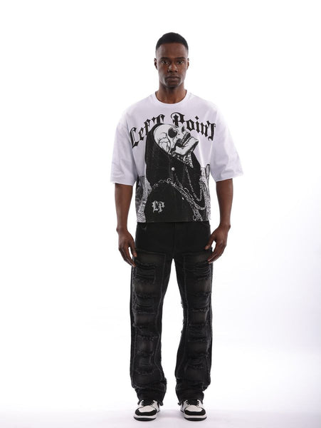 WHITE CHAIN & SKULL RHINESTONE CROP TEE