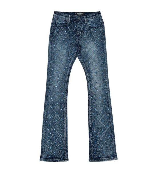 MEN DARK BLUE EMBELLISH RHINESTONE FLARE DENIM
