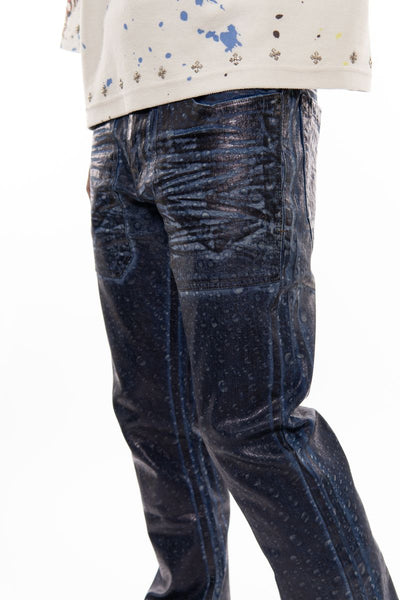 MEN MD INDIGO PATCH POCKET OIL SLICK STRAIGHT LEG JEAN